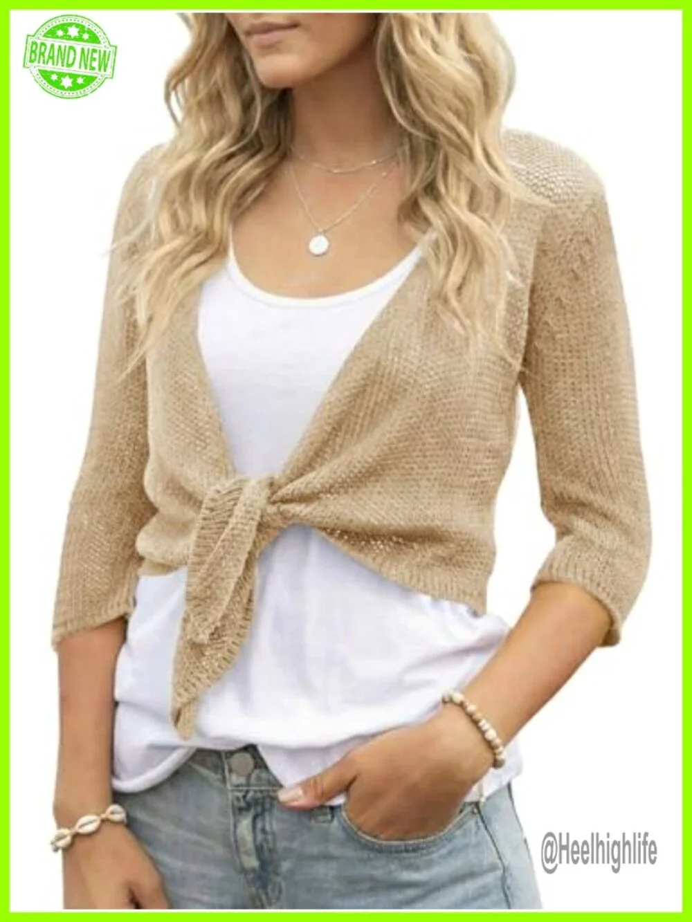 Tie Front Shrug 3/4 Sleeve Cropped Lightweight Sheer Knit Bolero Cardigan